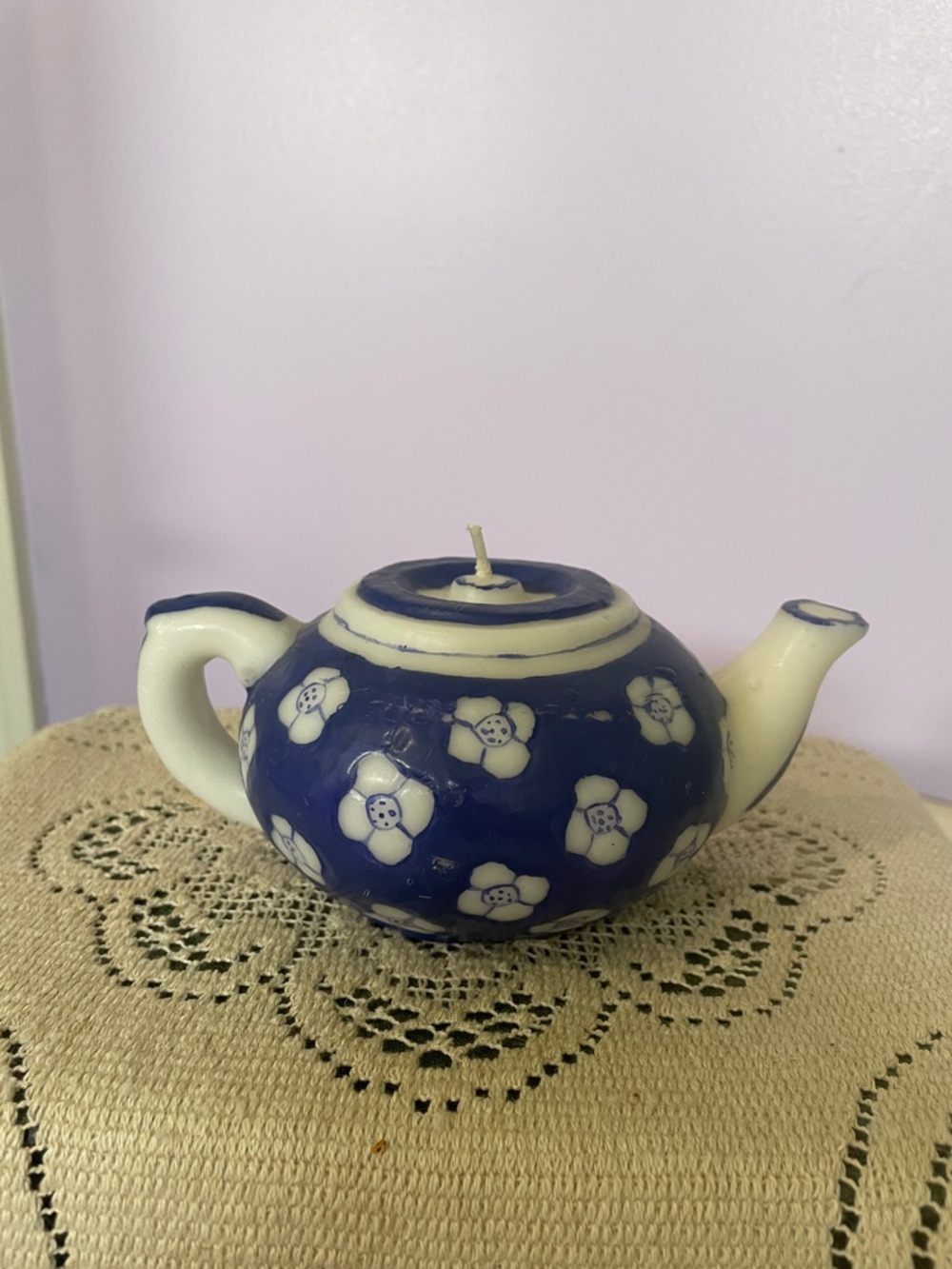 Blue Floral Teapot shape Candle - Blue and White